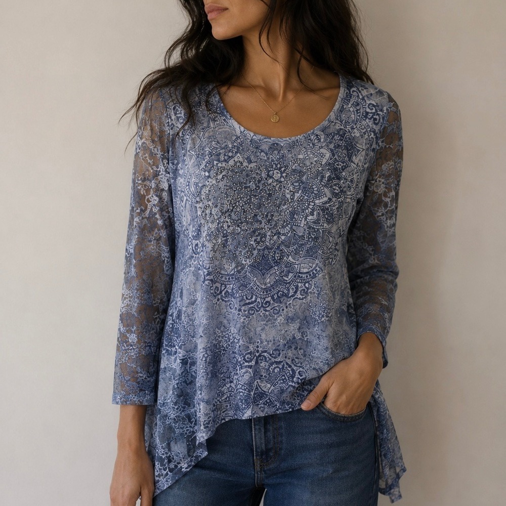 Cal Style Blue Mesh Mandala Embellished Tunic Top Medium Mermaid Fairy Boho‎